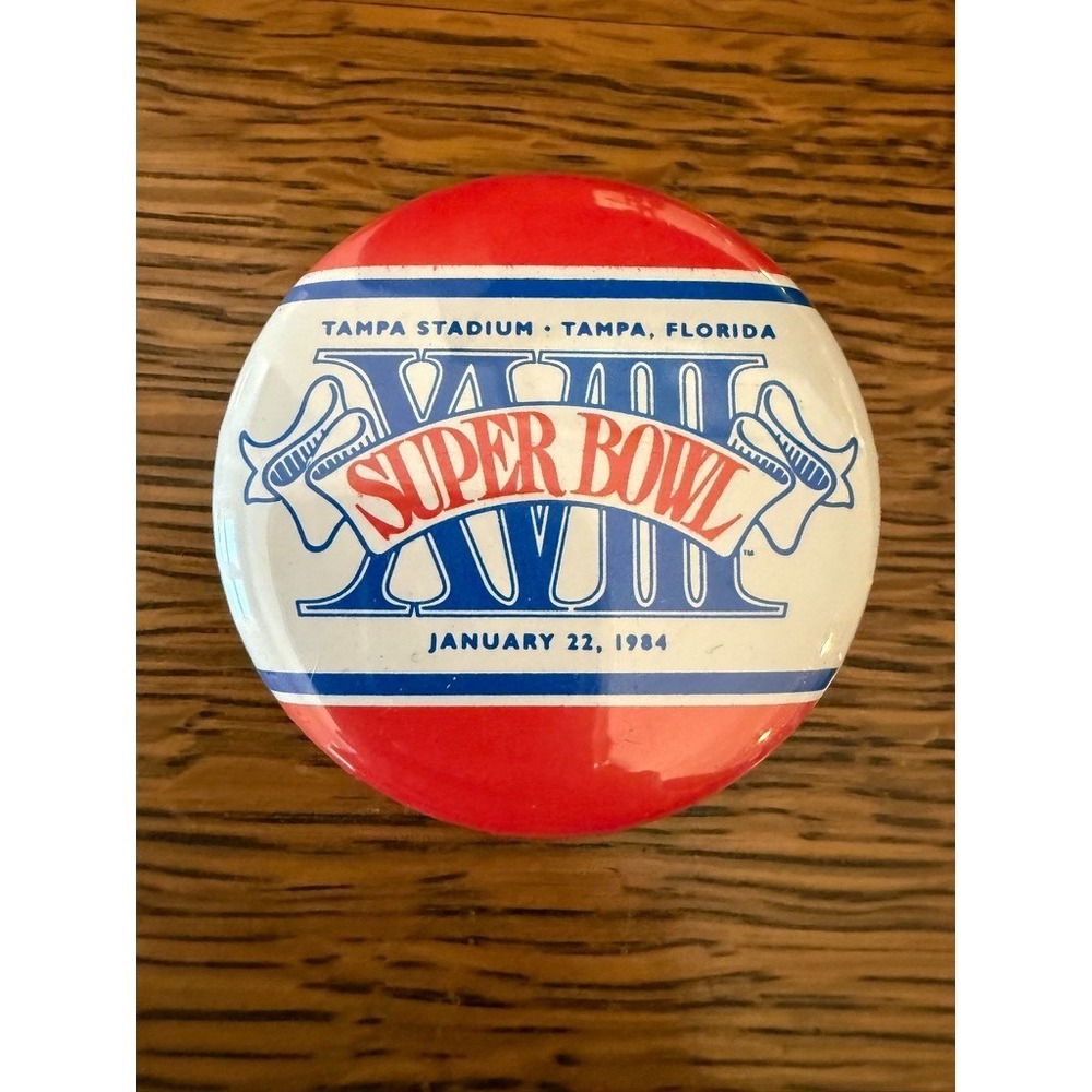 Vintage Super Bowl XVIII Pinback Button 1984 Tampa Stadium NFL Raiders Redskins